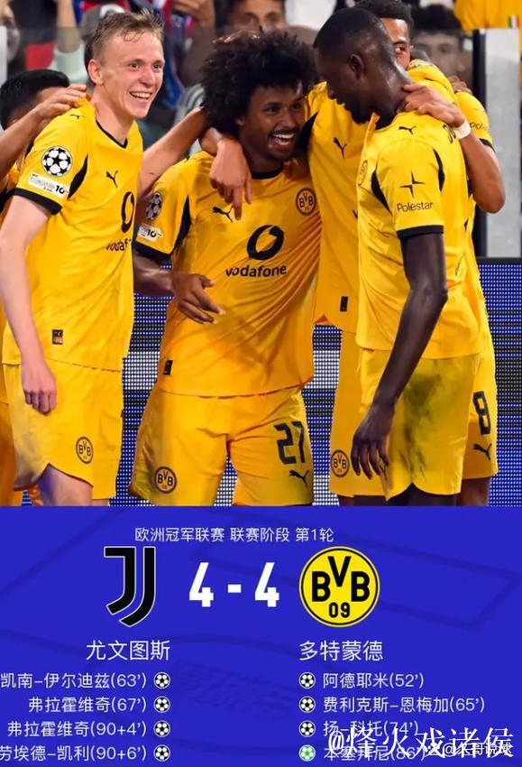 欧冠-弗拉霍维奇双响助攻凯利扳平 尤文4-4战平多特主场 欧冠-弗拉霍维奇双响助攻凯利扳平 尤文4-4战平多特主场